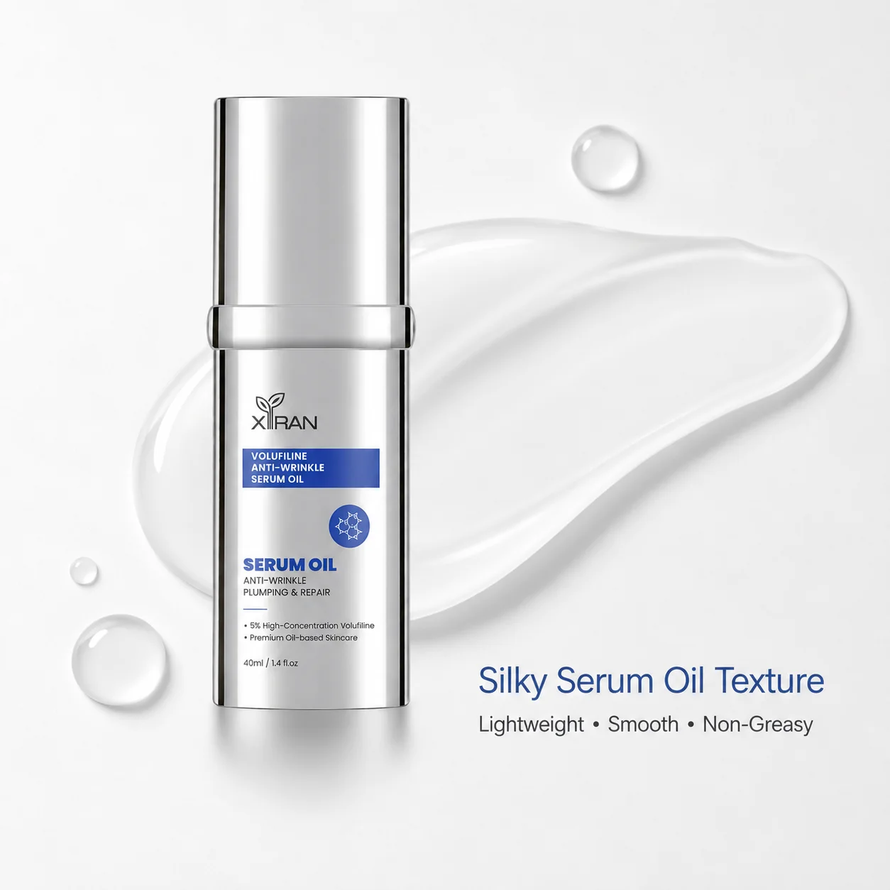 Bottle of XIRAN Volufiline anti-wrinkle serum oil on a white background with visible oily texture and droplets, emphasizing smoothness.